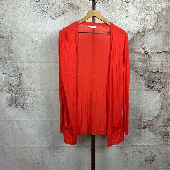 GAP orange cardigan sweater size L v-neck longer length long sleeve pockets - Picture 2 of 5